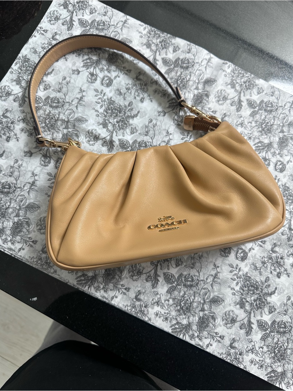 Coach Tan Pleated Leather Shoulder Bag with Gold Hardware